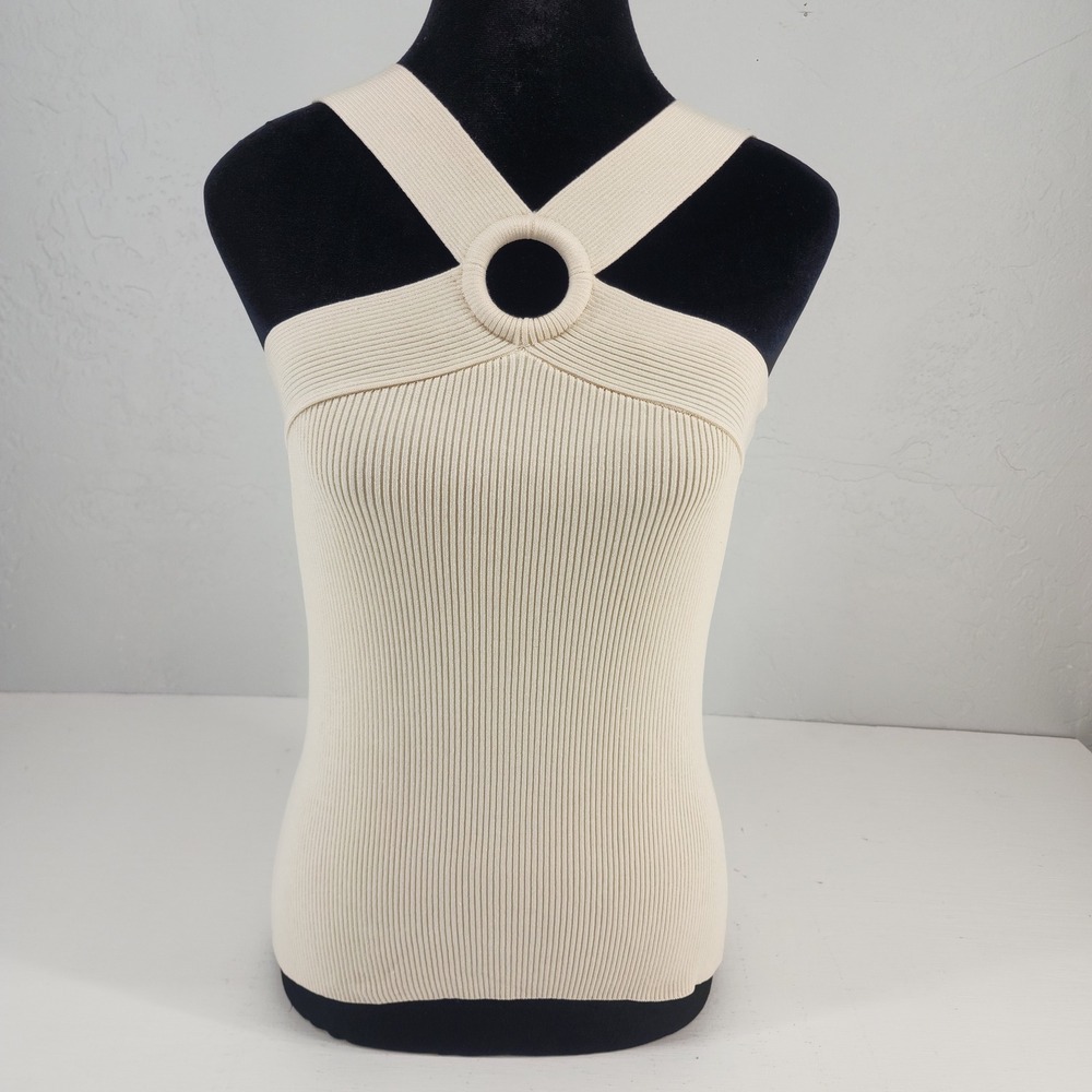 INC Size Small | Y2K Cream Ribbed Silk Blend O-Ring Halter Tank Top Womens